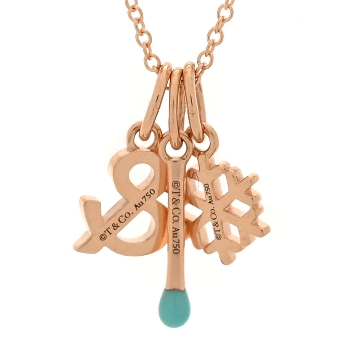 18K Rose Gold Enamel Ampersand Snowflake Match Pendant Necklace Blue