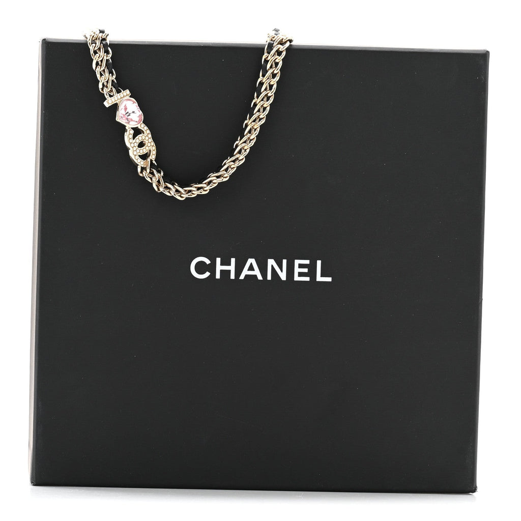 Metal Lambskin Crystal I Heart CC Choker Necklace Gold Black