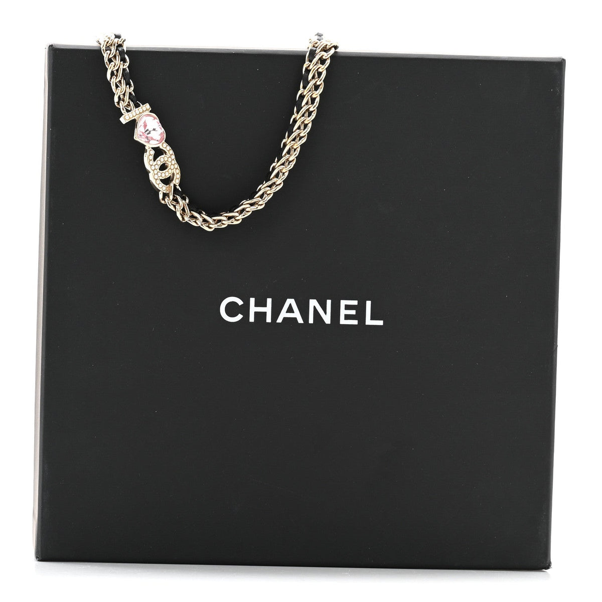 Metal Lambskin Crystal I Heart CC Choker Necklace Gold Black