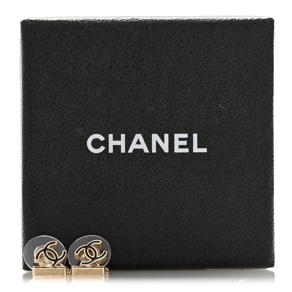 Enamel Pearl CC Flap Bag Drop Earrings Black Gold