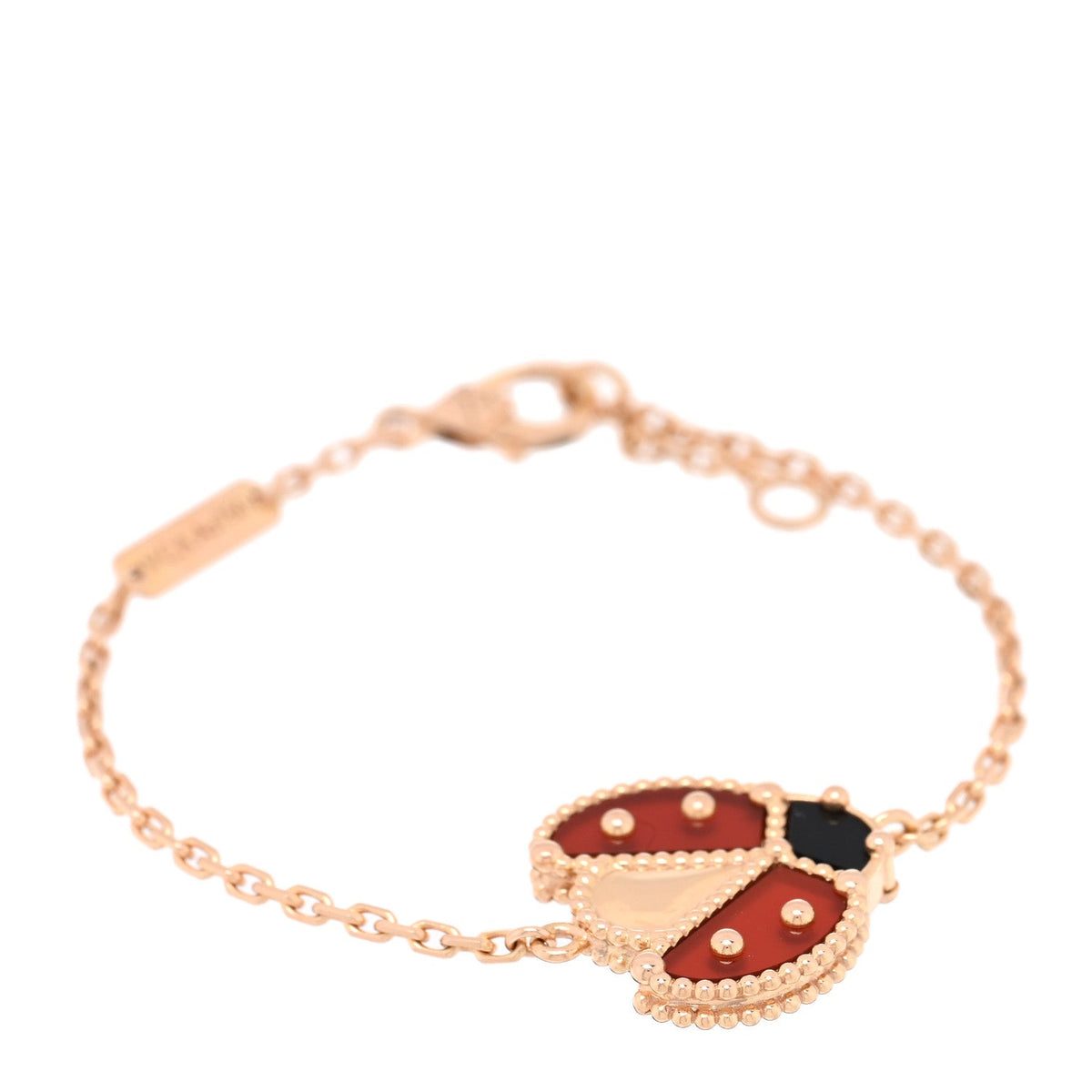 18K Rose Gold Carnelian Onyx Lucky Spring Open Wing Lady Bug Bracelet