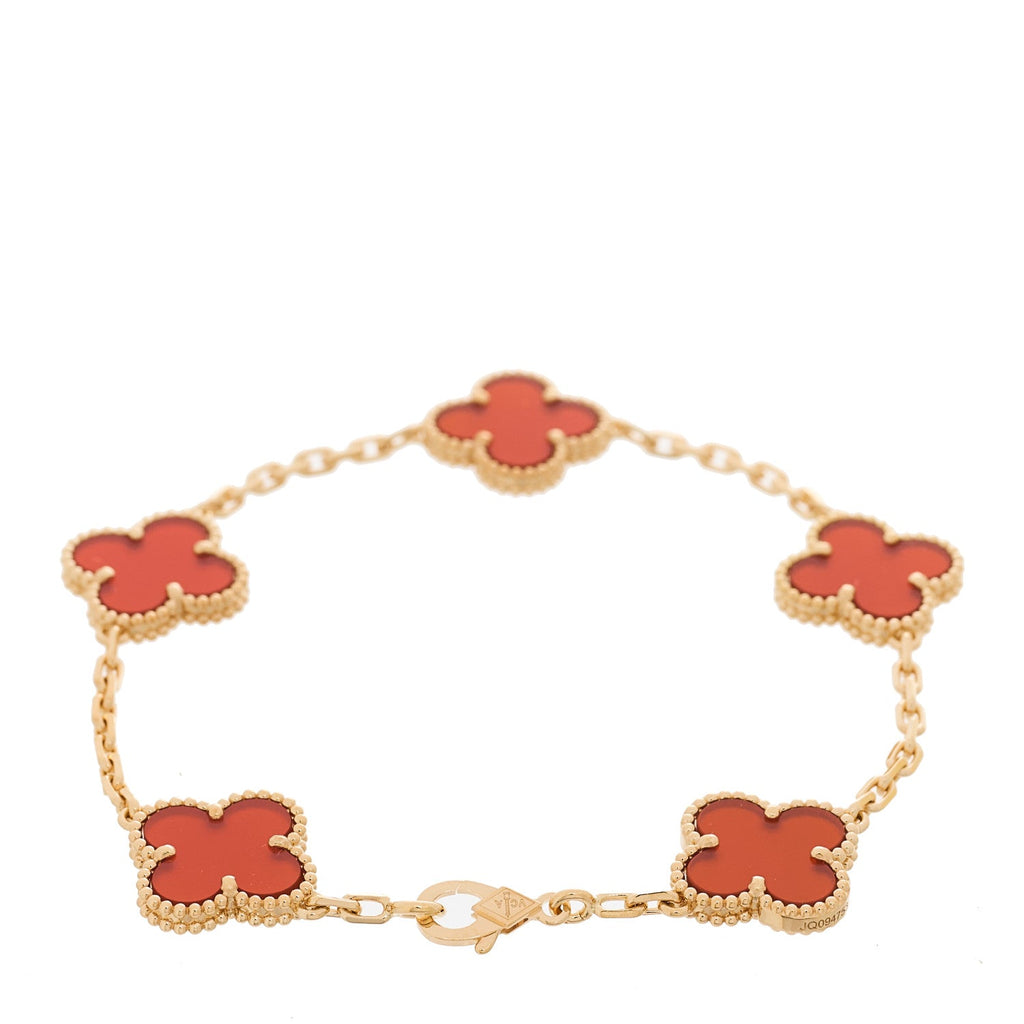 18K Yellow Gold Carnelian 5 Motifs Vintage Alhambra Bracelet