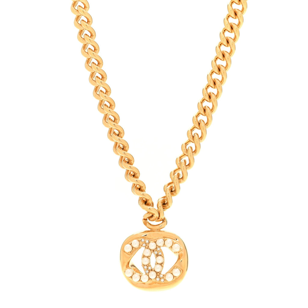 Metal Crystal Pearl Chain Link CC Necklace Gold