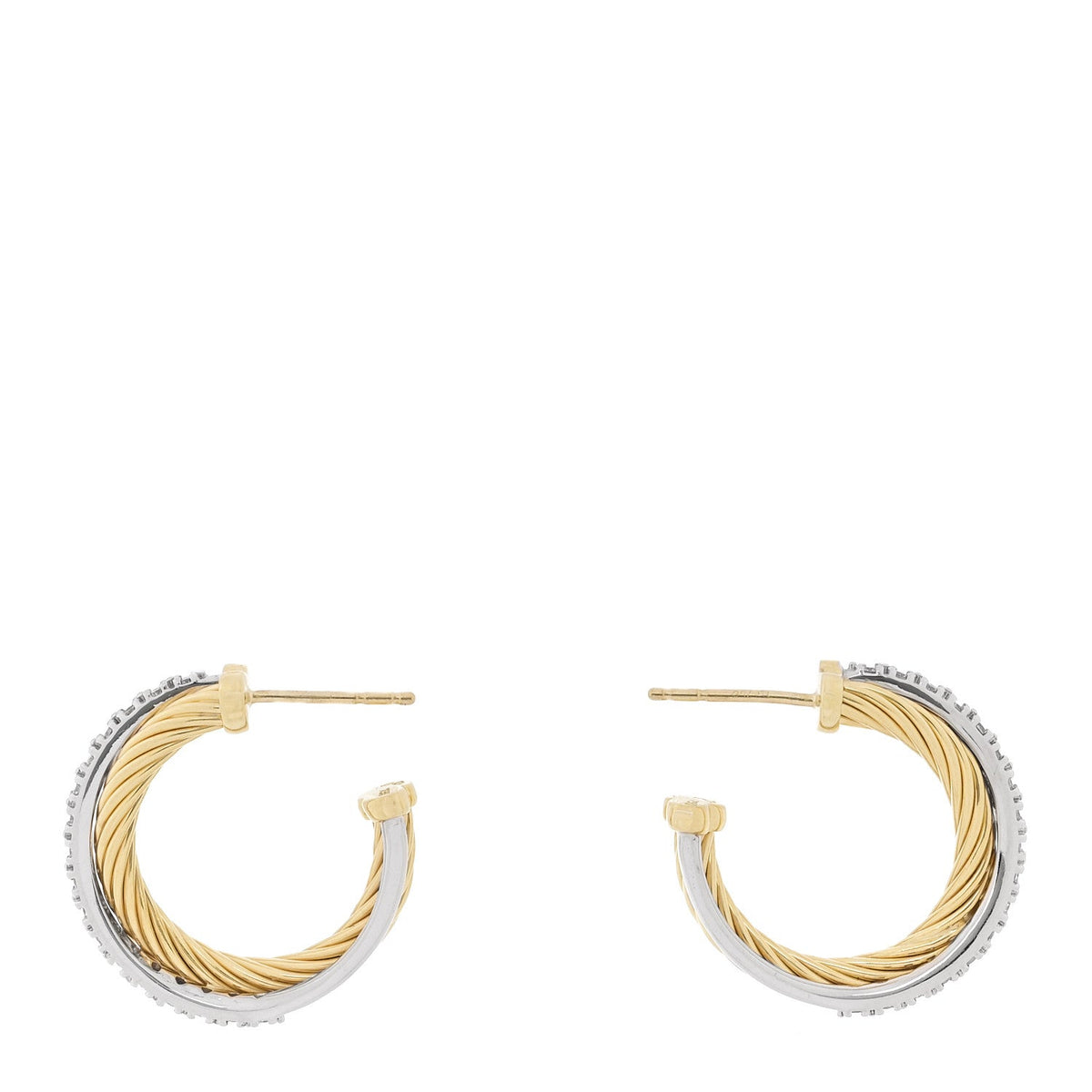 18K Yellow White Gold Diamond 23mm Crossover Cable Hoop Earrings