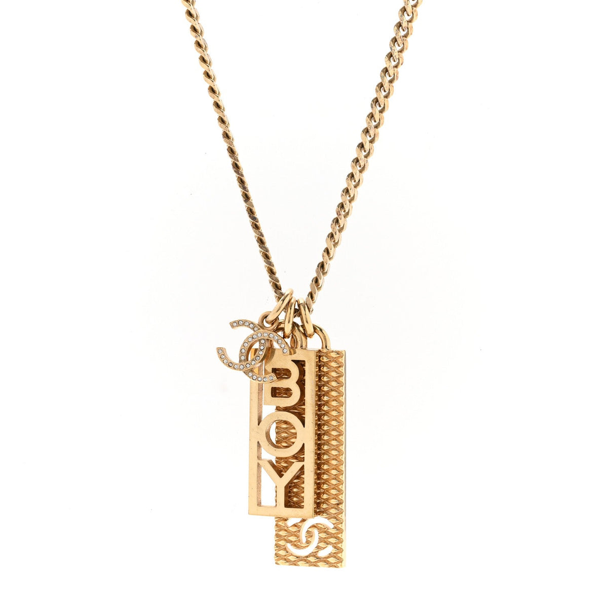Metal Crystal CC Boy Pendant Long Necklace Gold