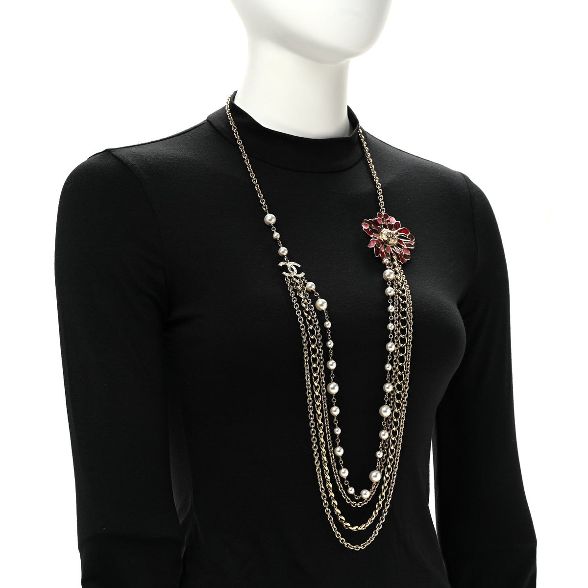 Resin Pearl Metal CC Camellia Multi Strand Long Necklace Gold Pink Multicolor