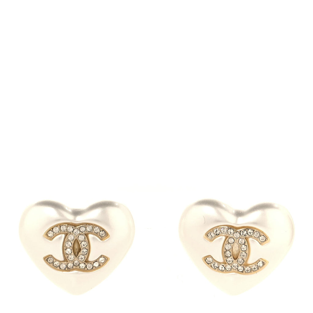 Pearl Crystal CC Heart Earrings Gold