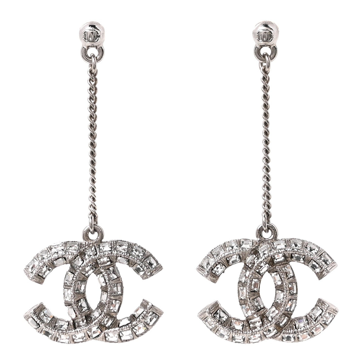 Baguette Crystal CC Drop Earrings Silver