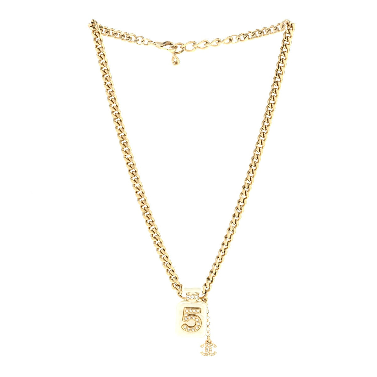 Pearl Resin Crystal CC No 5 Perfume Bottle Necklace Gold Pearly White