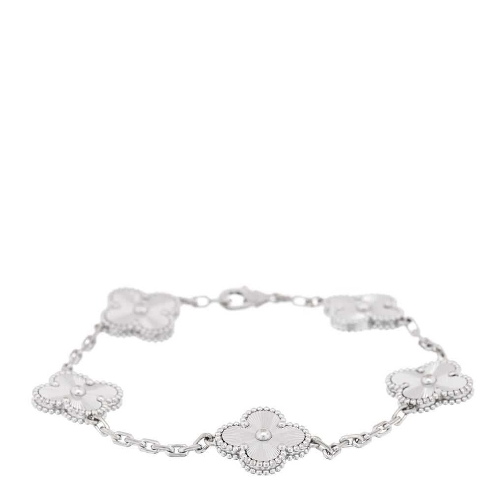 18K White Gold 5 Motifs Guilloche Vintage Alhambra Bracelet