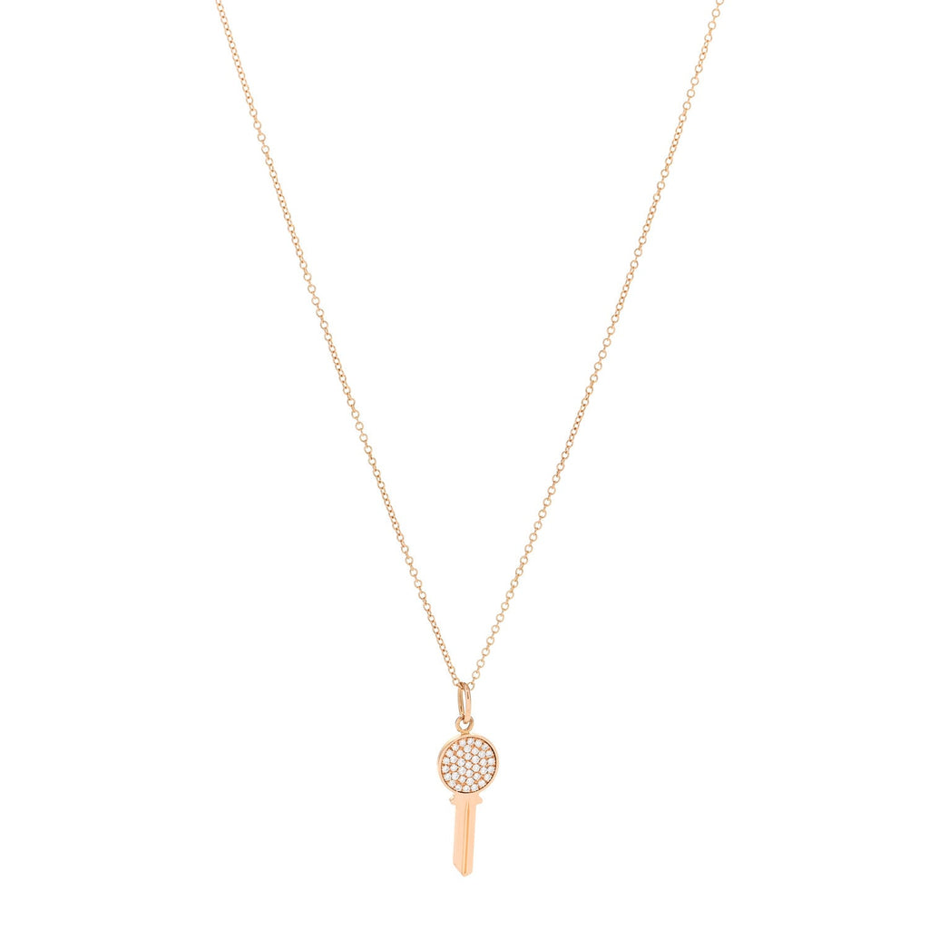 18K Rose Gold Diamond Mini Modern Keys Round Key Pendant Necklace