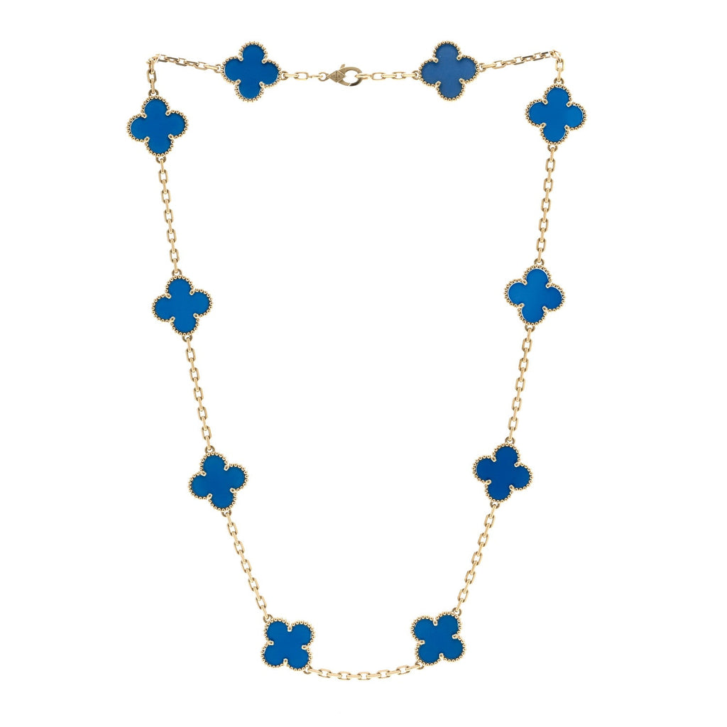 18K Yellow Gold Blue Agate 10 Motifs Vintage Alhambra Necklace