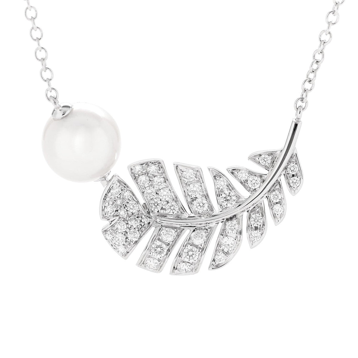 18K White Gold Diamond Cultured Pearl Plume De Chanel Necklace