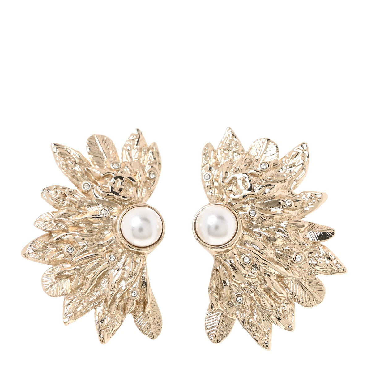 Metal Pearl Feather Clip On Earrings Gold
