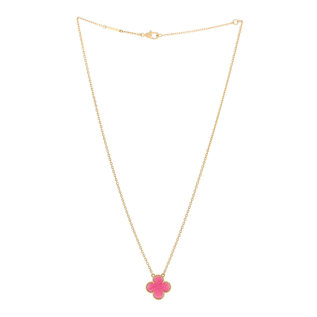 18K Yellow Gold Pink Enamel Vintage Alhambra Pendant Necklace