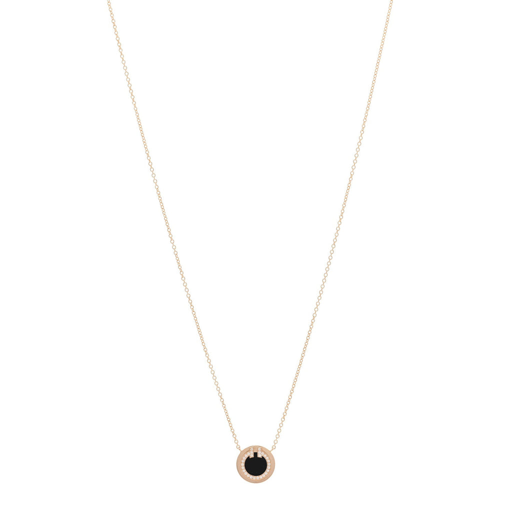 18K Rose Gold Diamond Black Onyx Small T Circle Pendant Necklace