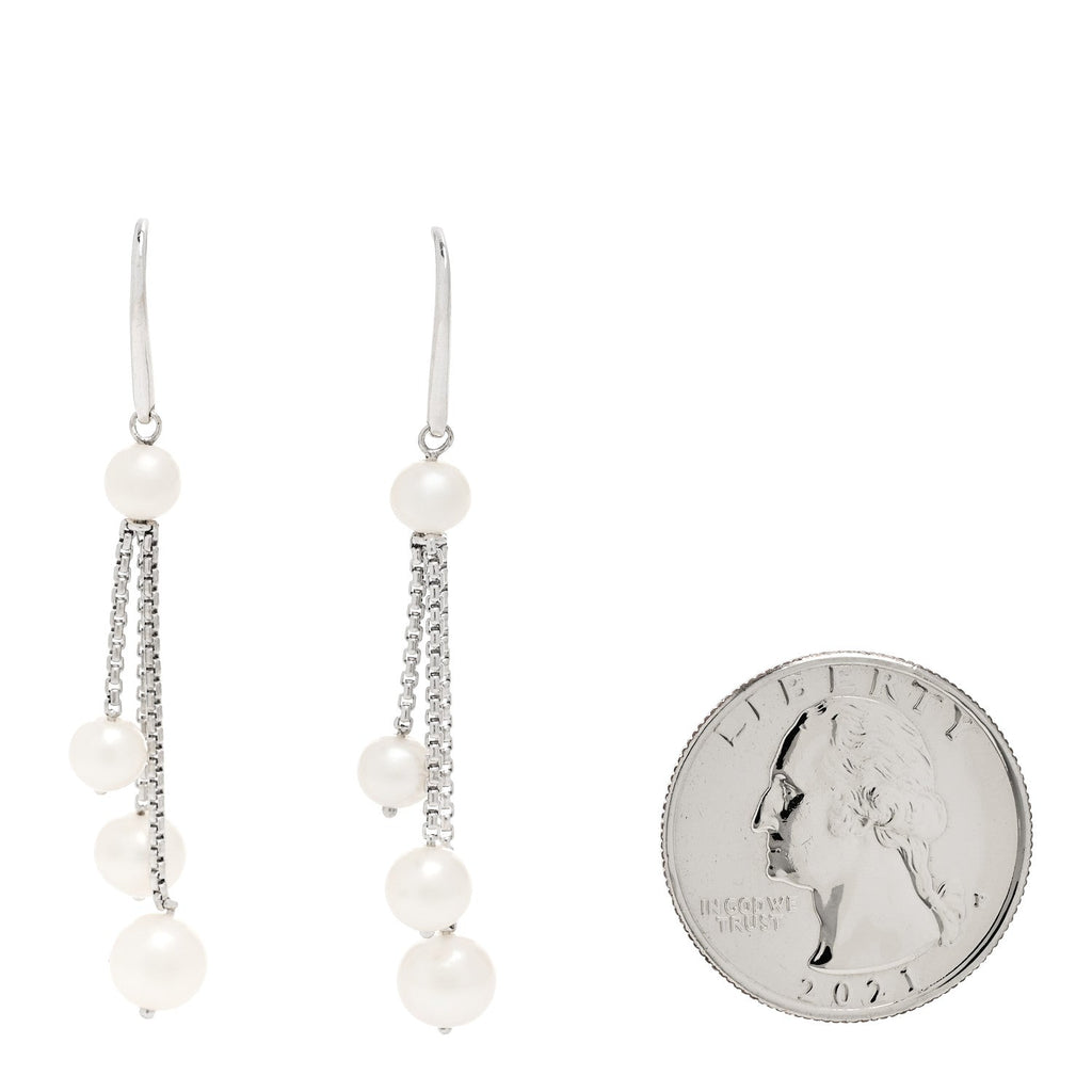 Sterling Silver 18K White Gold Cultured Pearl Box Chain Drop Earrings