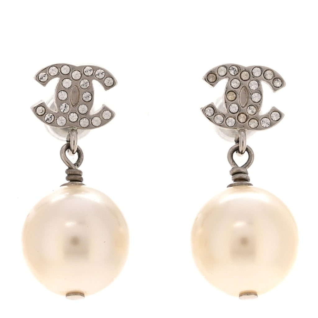 Crystal Pearl CC Drop Earrings Silver Pearly White