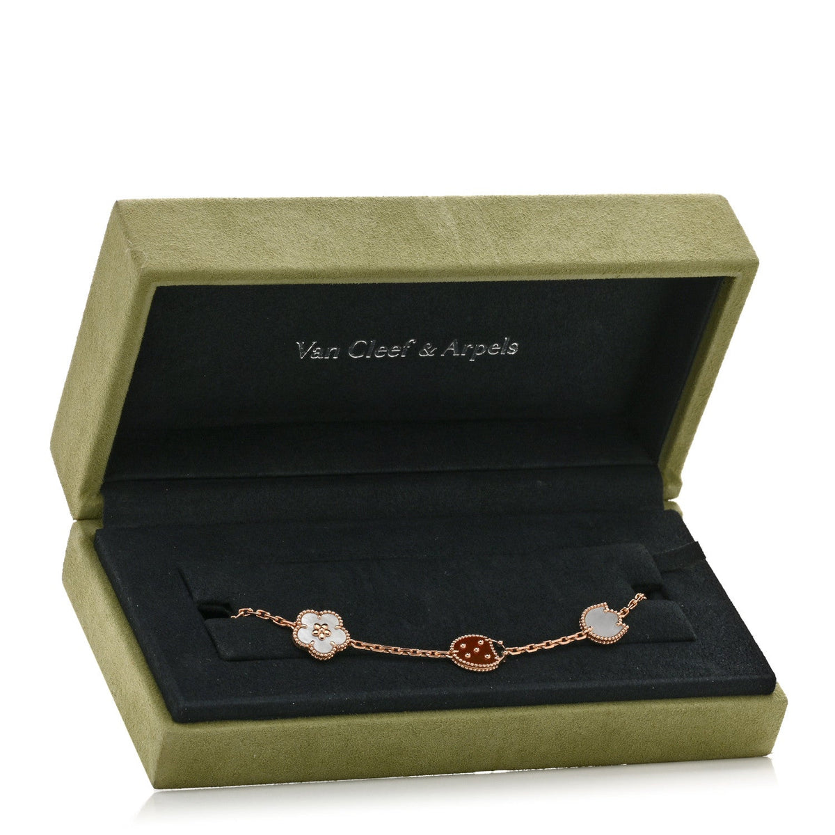 18K Rose Gold Carnelian Mother of Pearl Onyx 5 Motifs Lucky Spring Bracelet