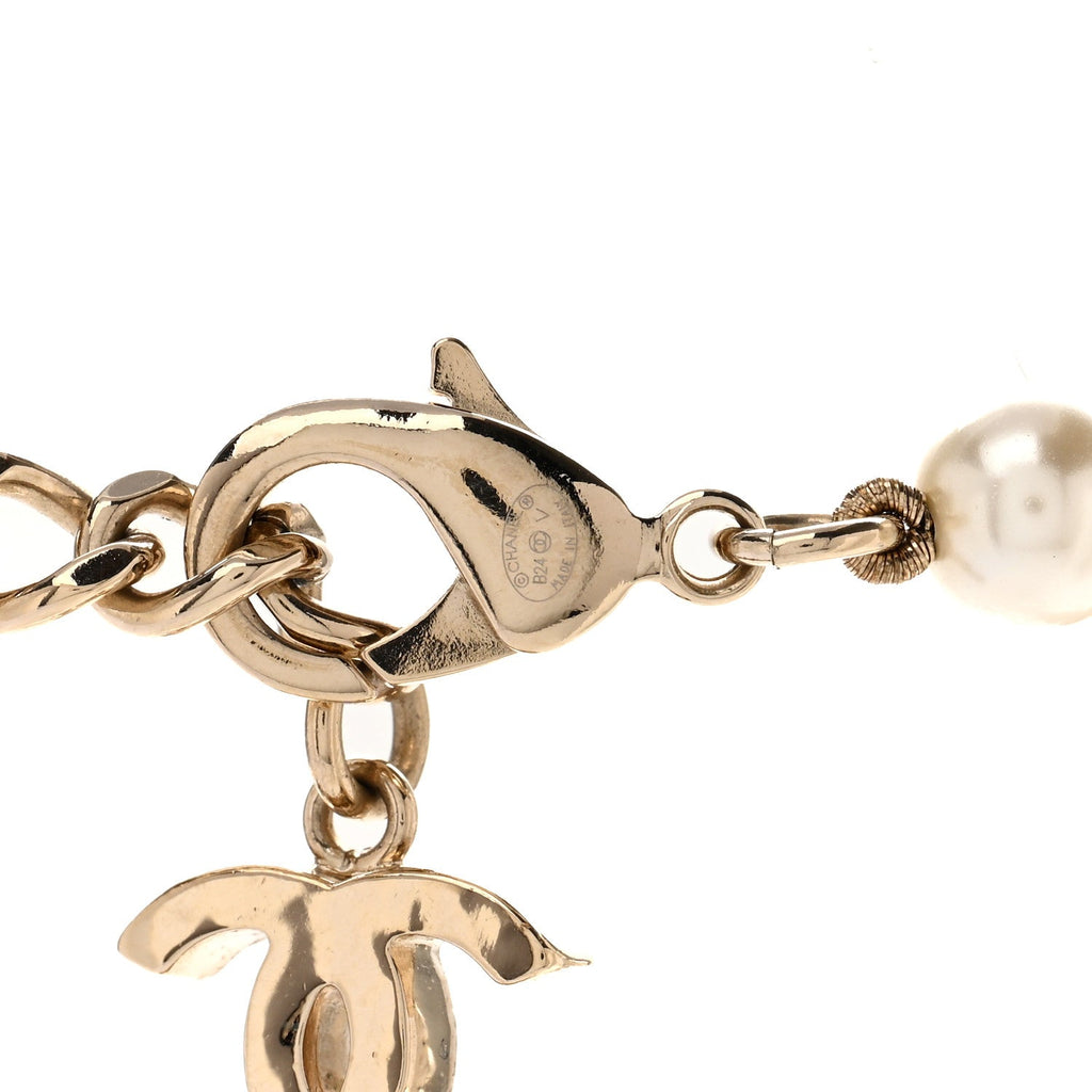 Pearl Crystal Lambskin CC Long Necklace Gold Black