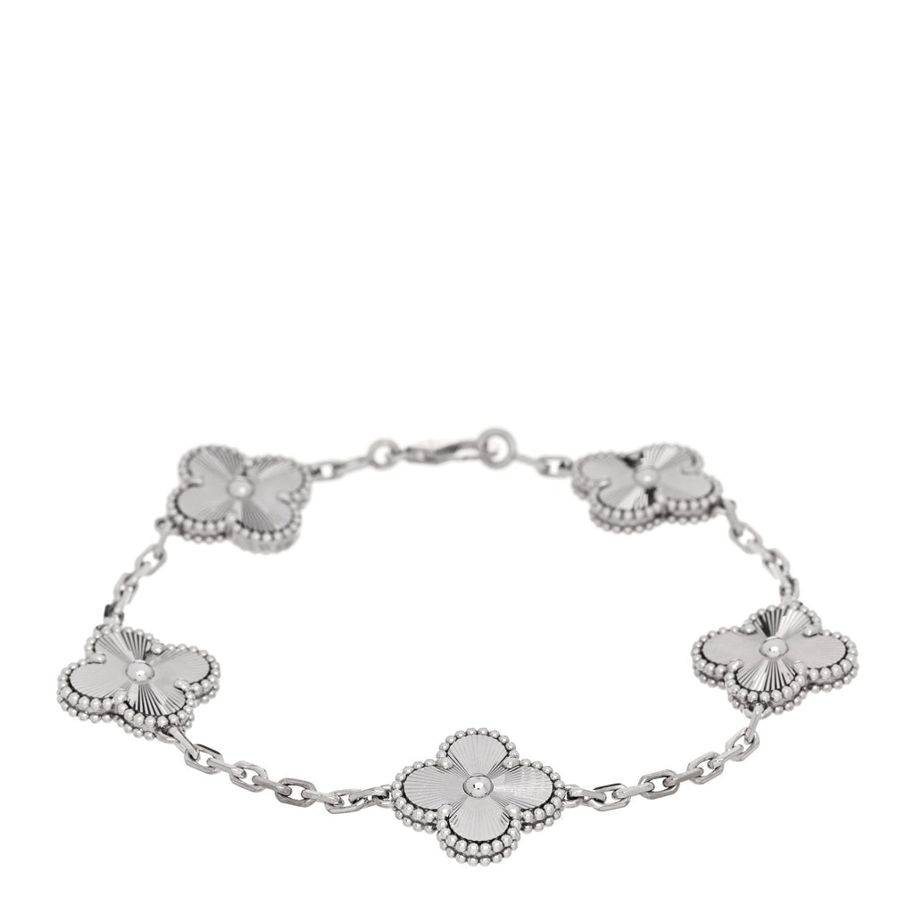18K White Gold 5 Motifs Guilloche Vintage Alhambra Bracelet