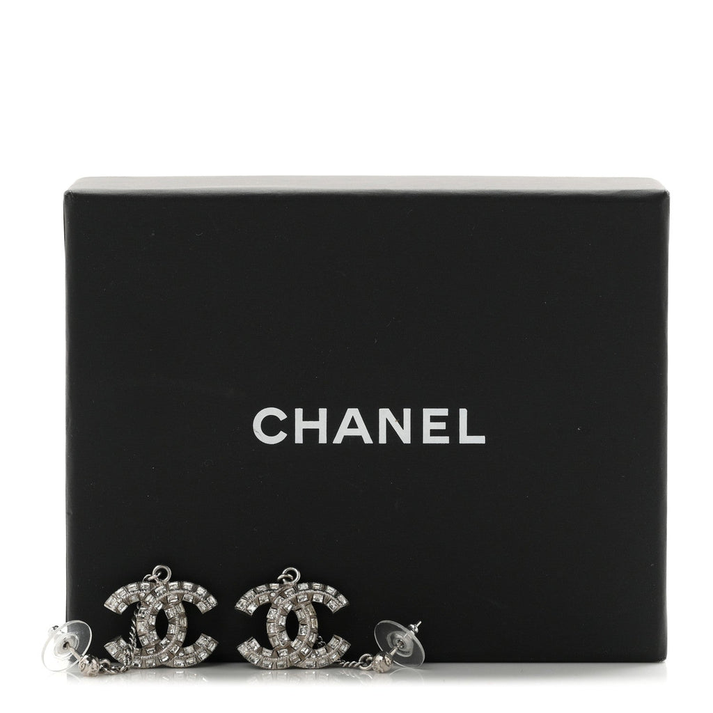 Baguette Crystal CC Drop Earrings Silver