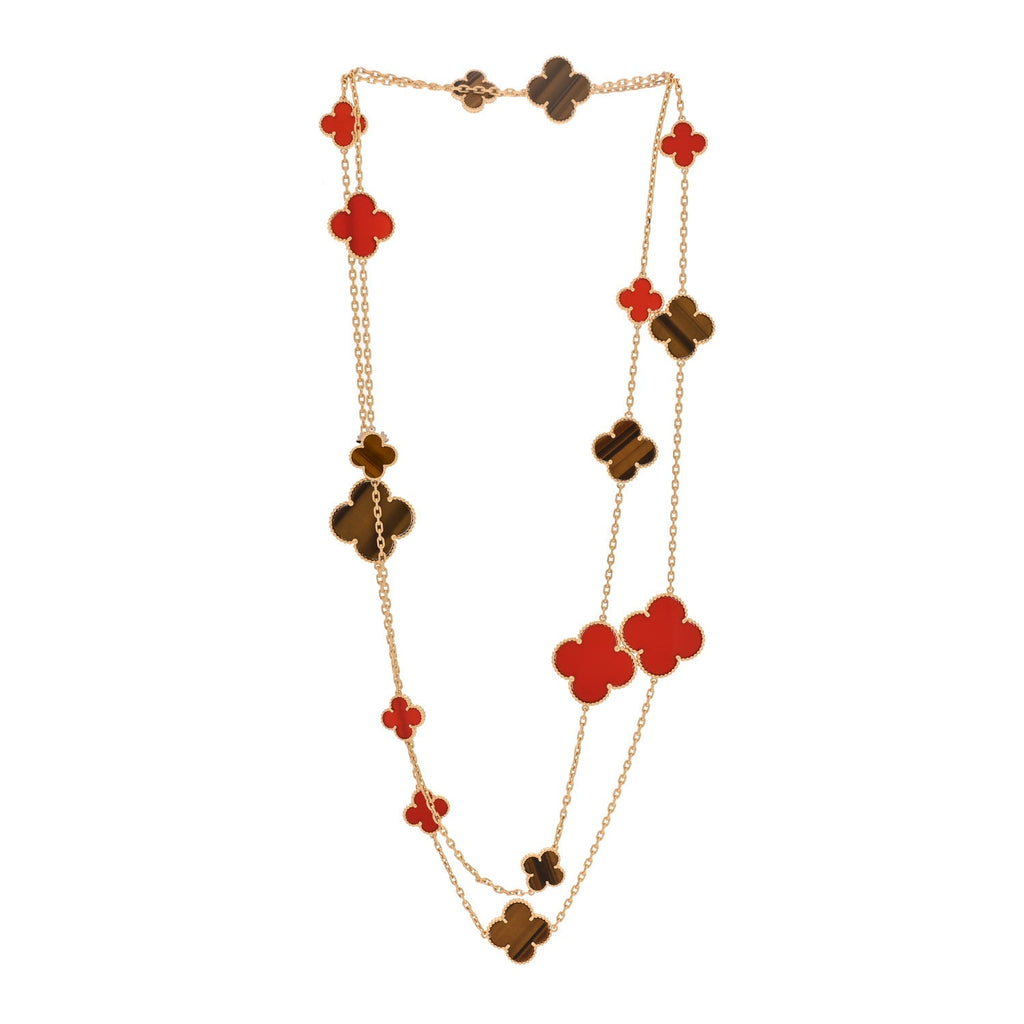 18K Yellow Gold Tiger Eye Carnelian 16 Motifs Magic Alhambra Necklace