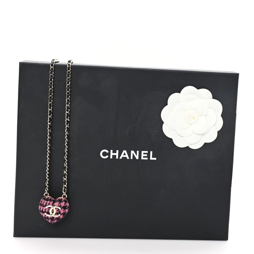 Tweed Lambskin CC Heart Locket Necklace  Gold Black Pink