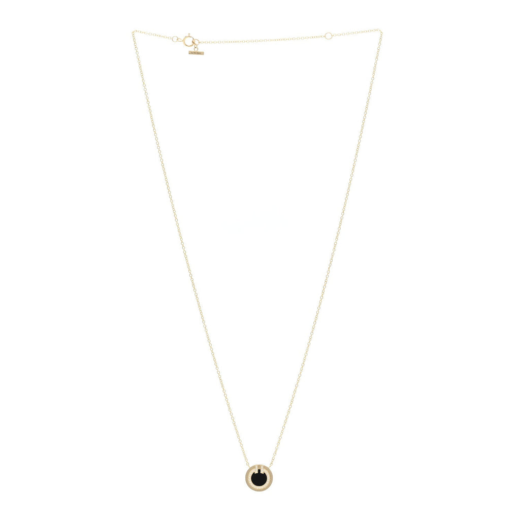 18K Yellow Gold Diamond Black Onyx Small T Circle Pendant Necklace