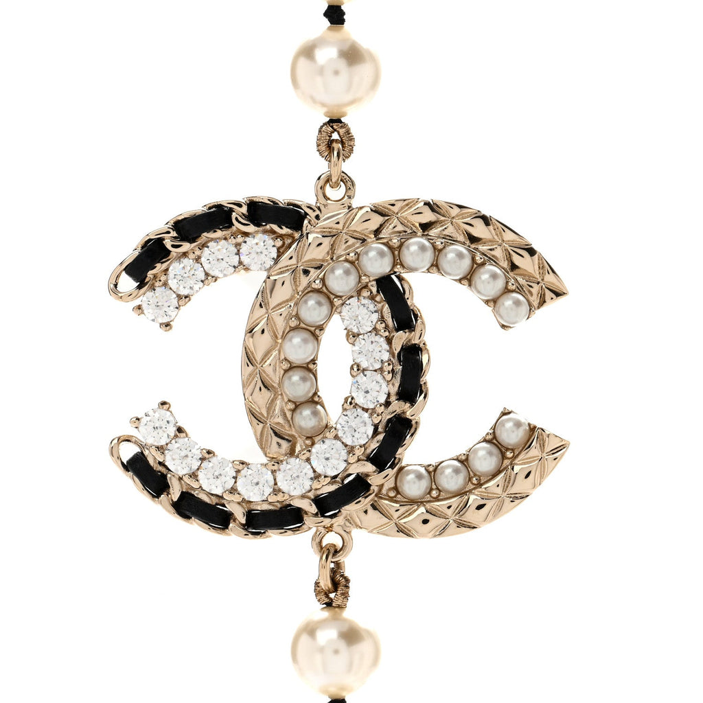 Pearl Crystal Lambskin CC Long Necklace Gold Black