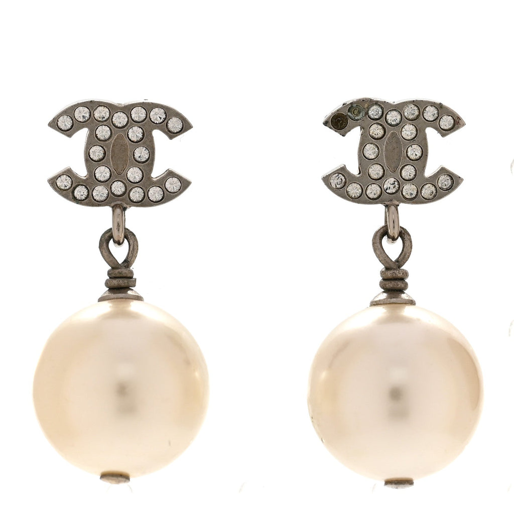 Crystal Pearl CC Drop Earrings Silver Pearly White