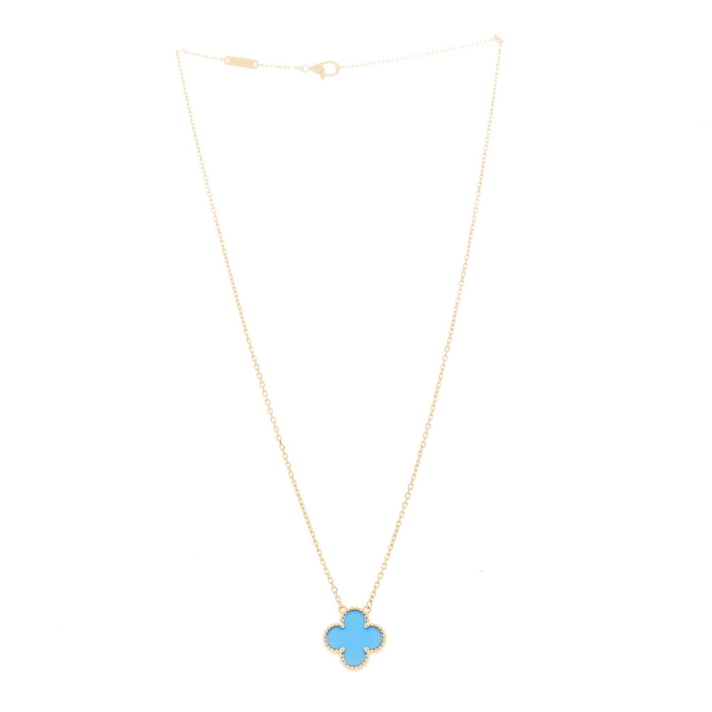 18K Yellow Gold Blue Agate Vintage Alhambra Pendant Necklace