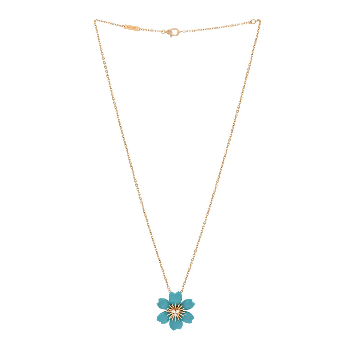 18K Yellow Gold Diamond Turquoise Mini Rose De Noel Pendant Necklace