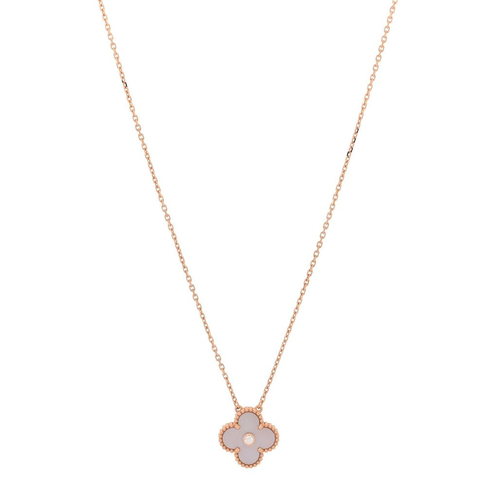 18K Rose Gold Diamond Pink Mother of Pearl Vintage Alhambra Pendant Necklace