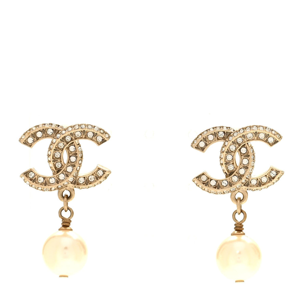 Crystal Pearl CC Drop Earrings Gold