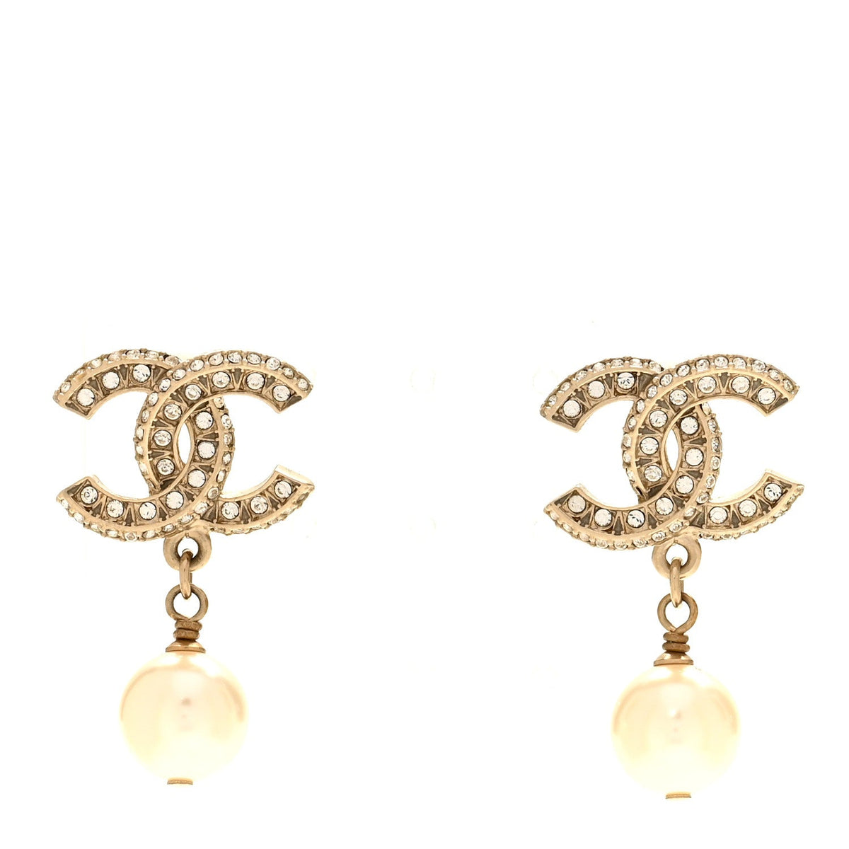 Crystal Pearl CC Drop Earrings Gold