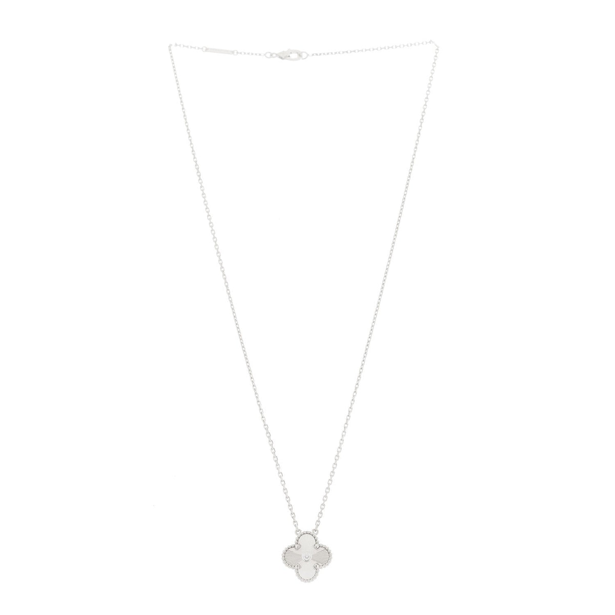 18K White Gold Diamond Guilloche Vintage Alhambra Pendant Necklace