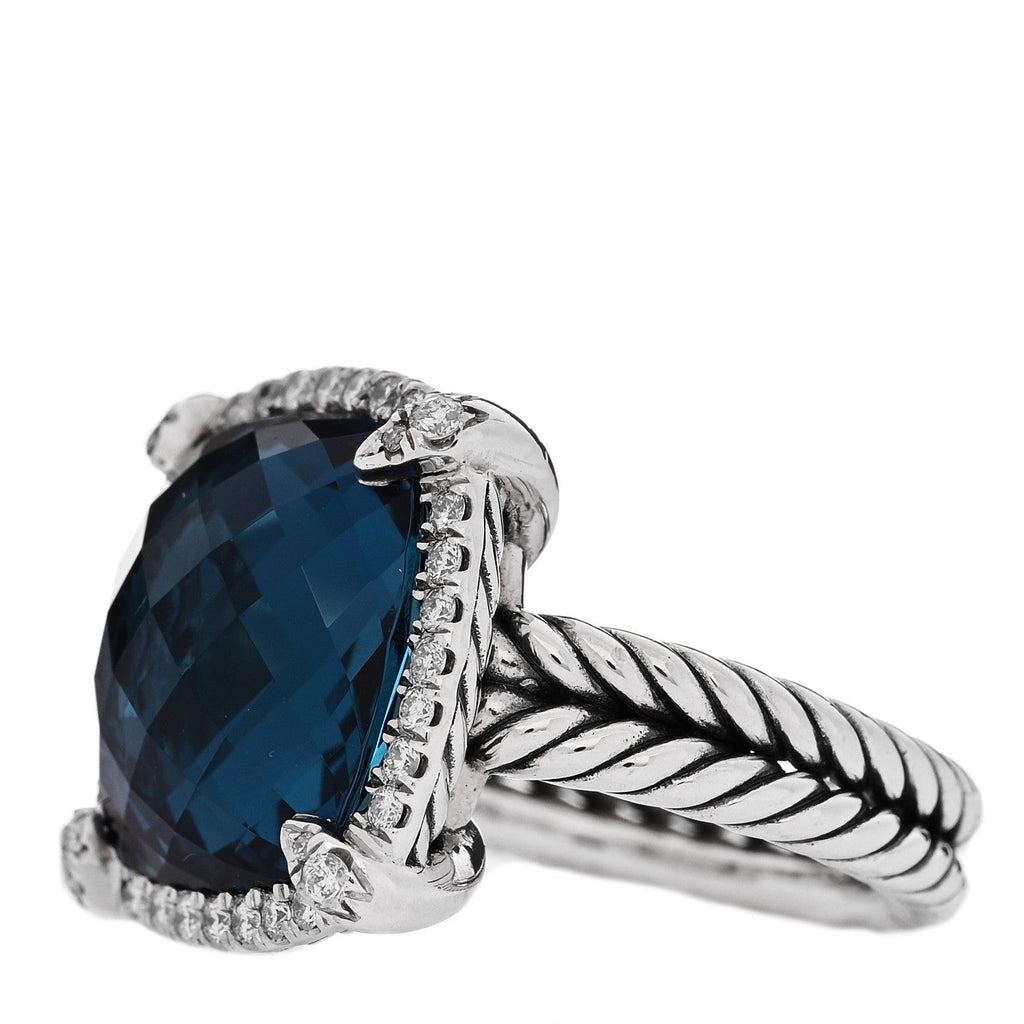 Sterling Silver Diamond Hampton Blue Topaz 14mm Chatelaine Pave Bezel Ring 51 5.75