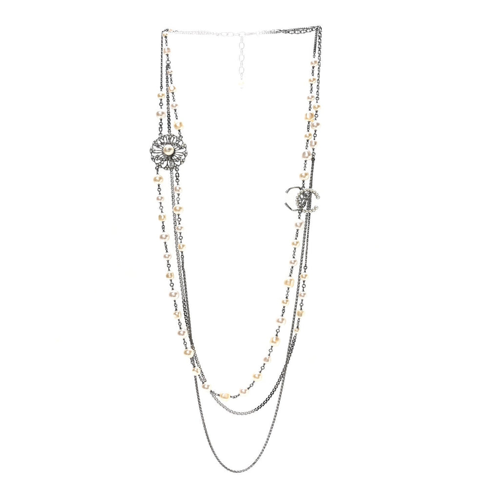 Glass Pearl Crystal CC Leaf Multi Strand Long Necklace Ruthenium