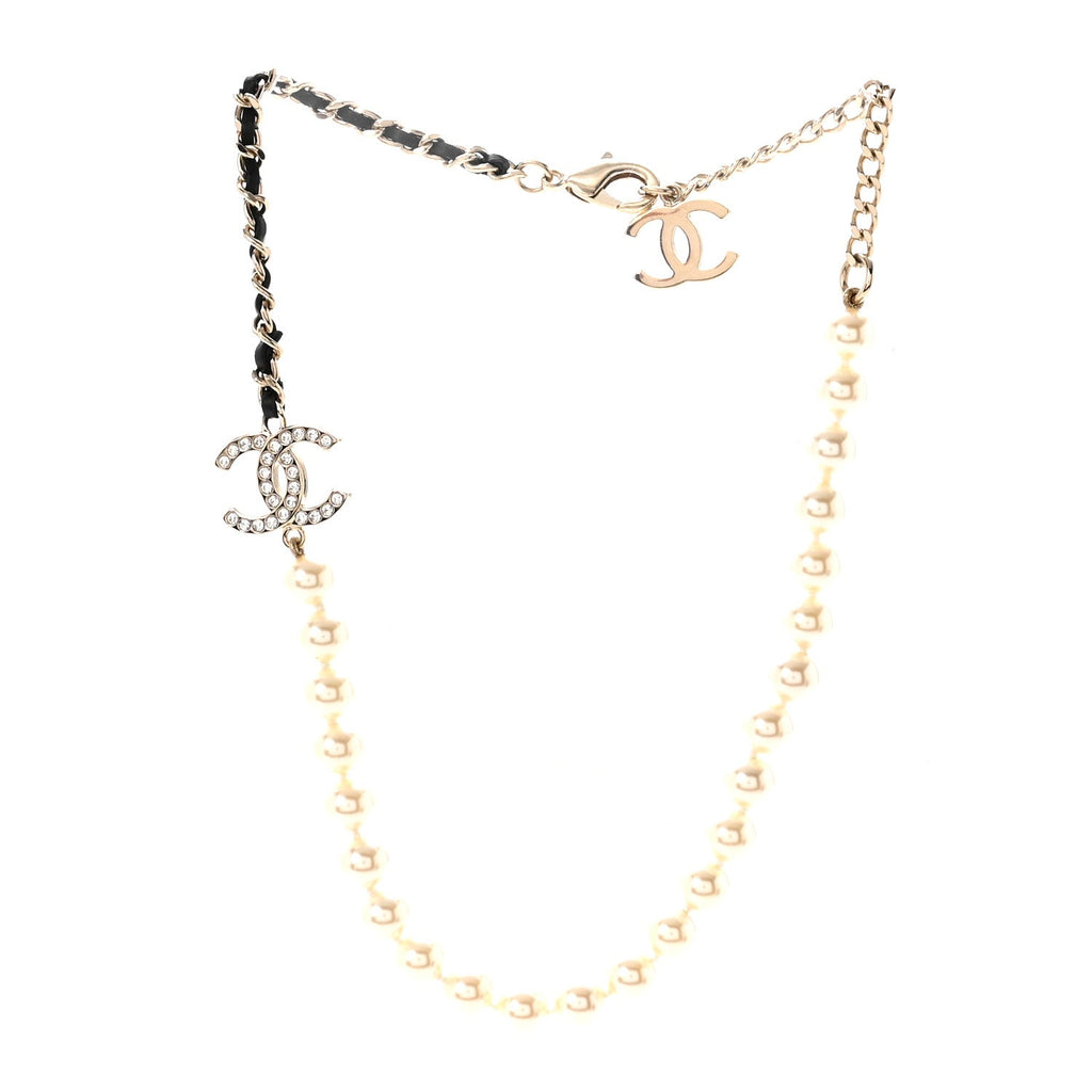 Lambskin Pearl Crystal CC Short Necklace Gold White Black