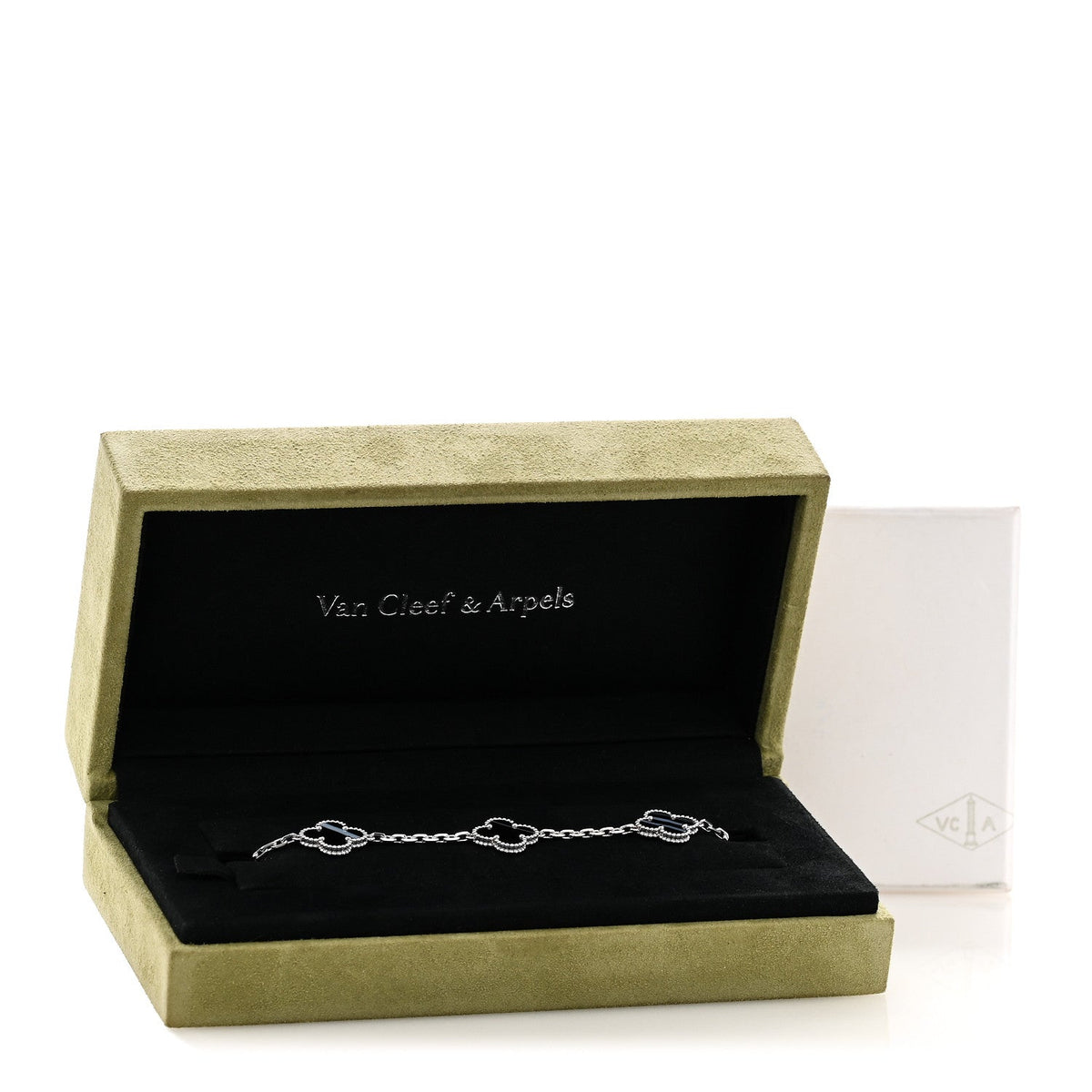 18K White Gold Veined Black Onyx 5 Motifs Vintage Alhambra Bracelet