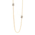 Pearl Baguette Crystal Long CC Necklace Gold