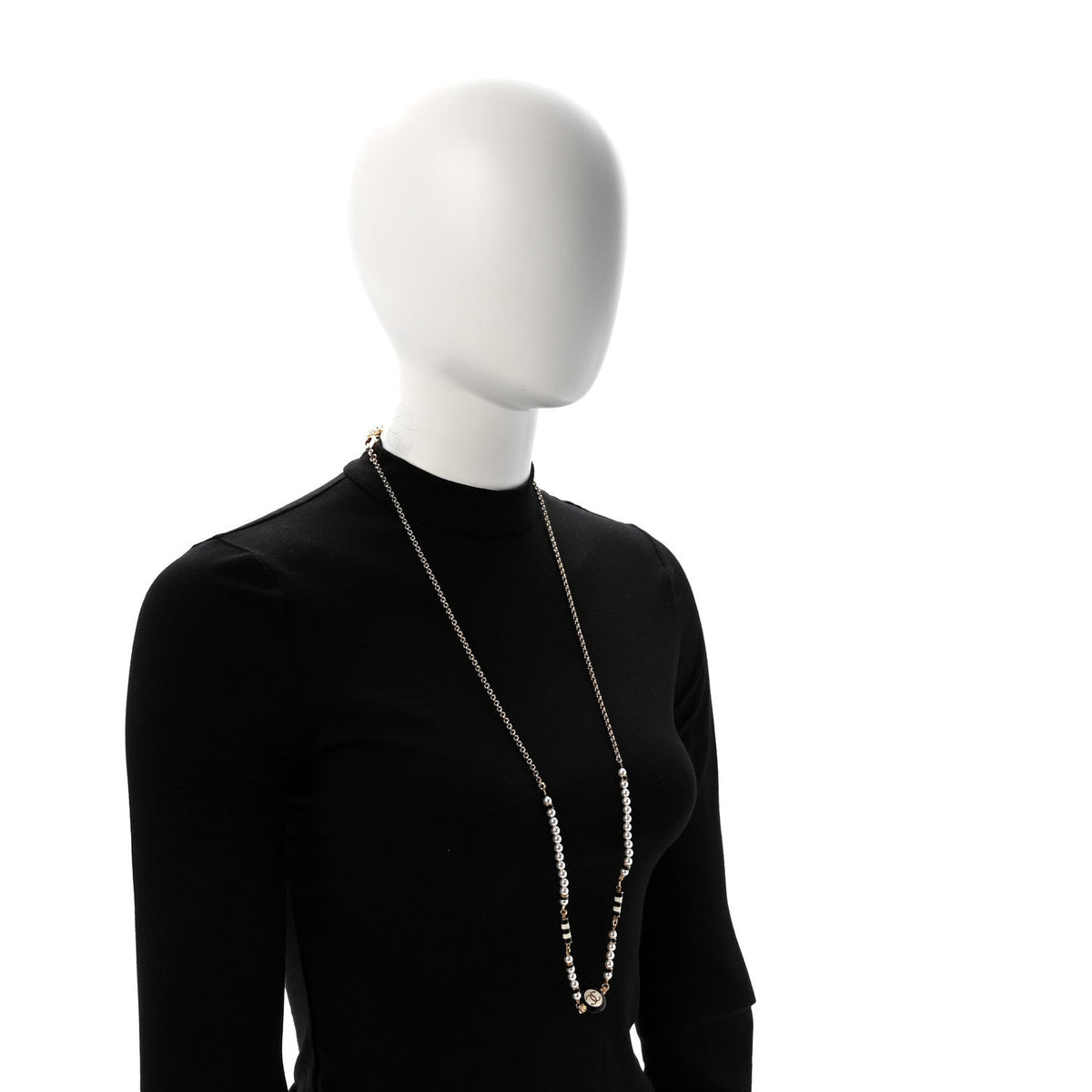 Metal Enamel Pearl CC Necklace Gold Black White